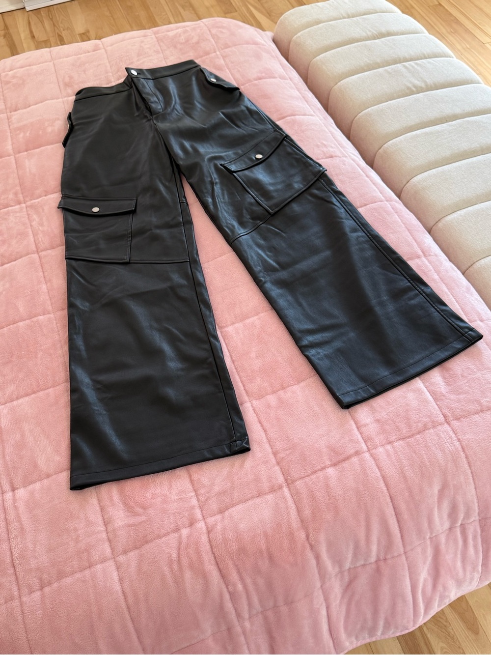 Fashion Nova Black Faux Leather Wide-Leg Cargo Pants